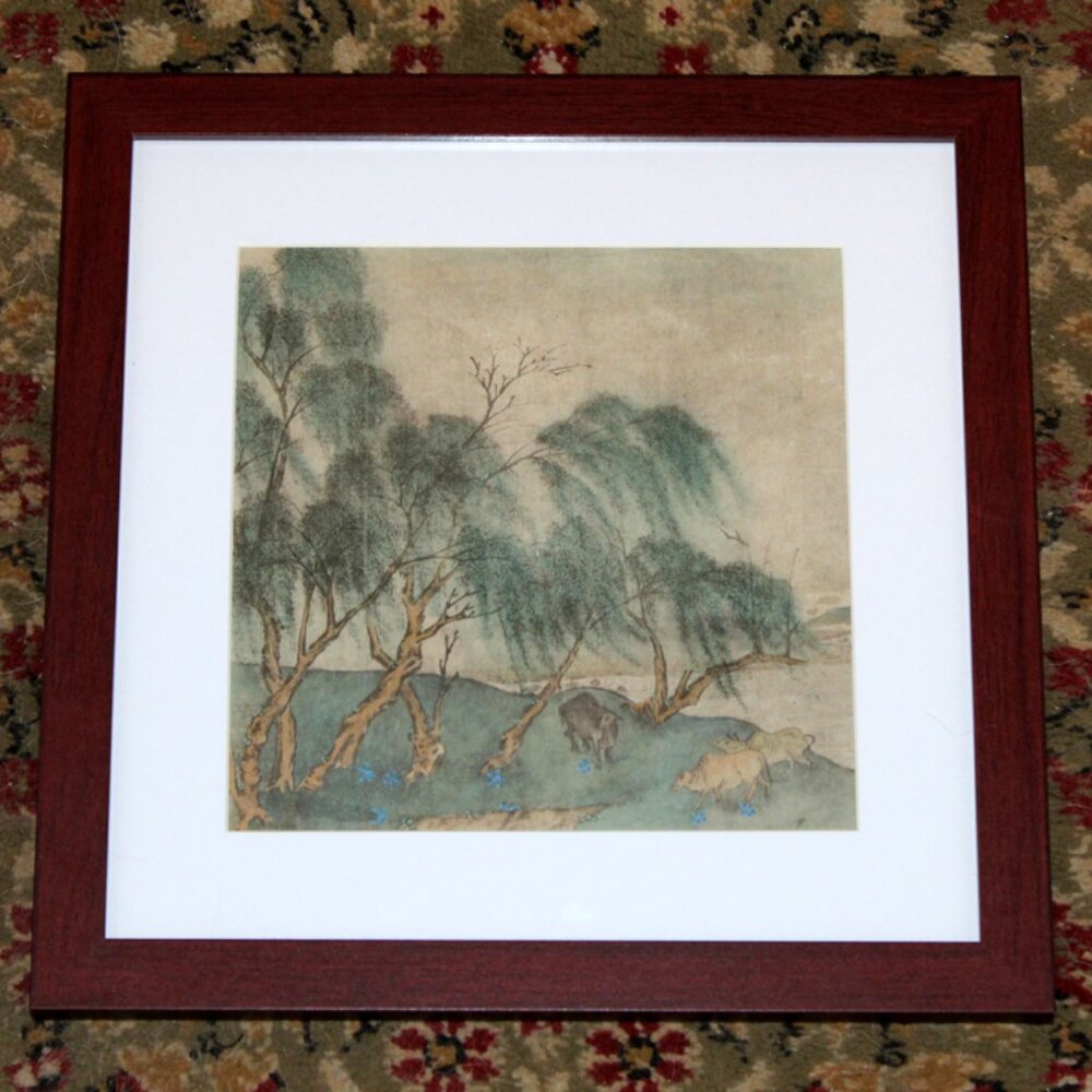 Chinese Willow Trees and Cows Landscape Painting